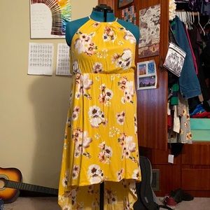 Yellow, flower print high-low dress